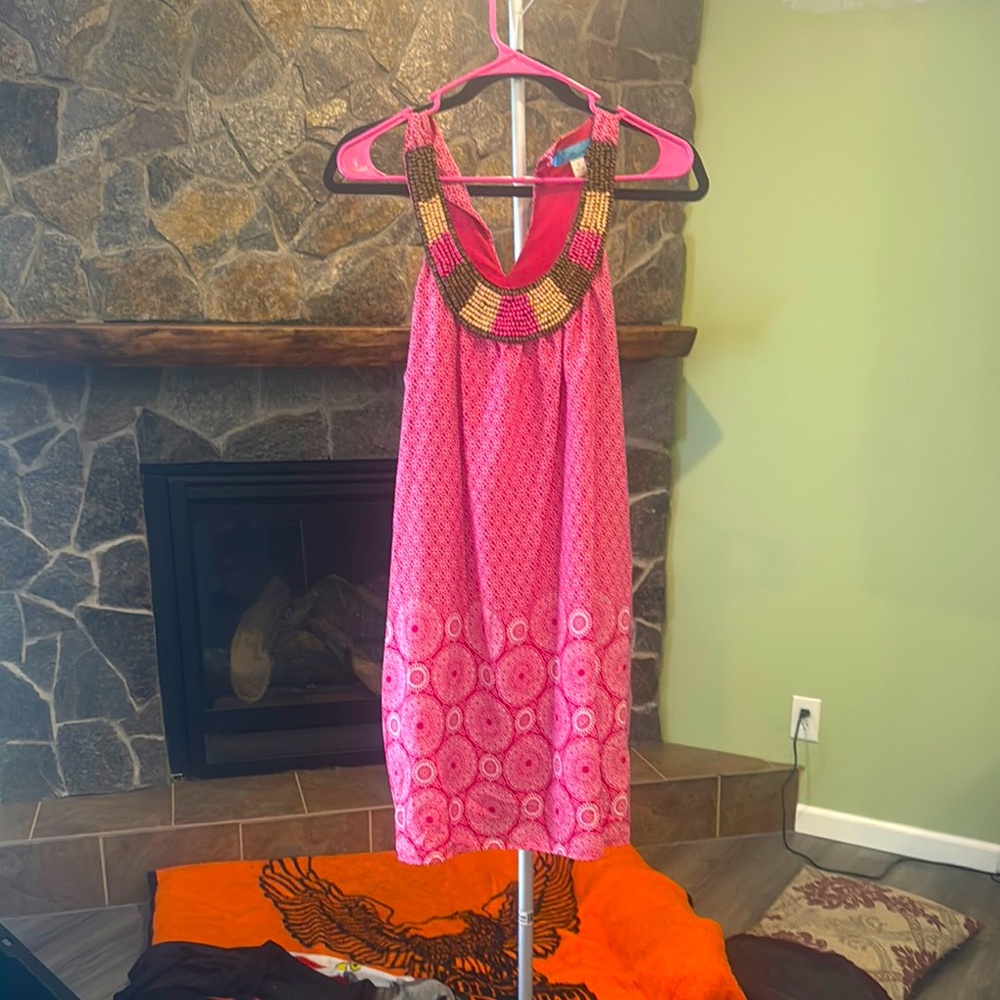 Adorable, petal Pink Sleeveless Dress with Beaded Neckline